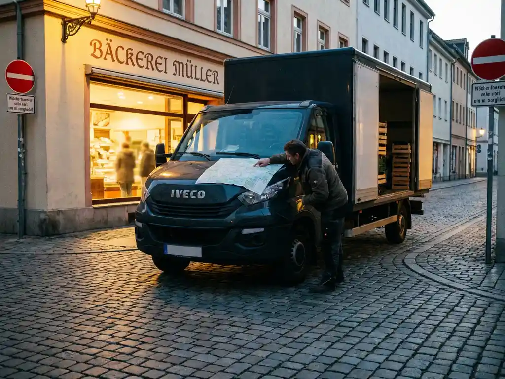 Lieferwagen vor deutscher Bäckerei, Fahrer studiert Routenkarte auf Motorhaube, Kopfsteinpflasterstraße im Morgenlicht