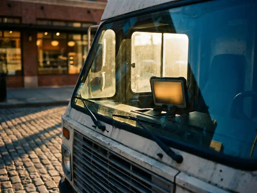 Lieferwagen an Bäckerei-Laderampe bei Sonnenaufgang mit leuchtendem Fleet-Tablet im Armaturenbrett, goldenes Morgenlicht auf Kopfsteinpflaster.