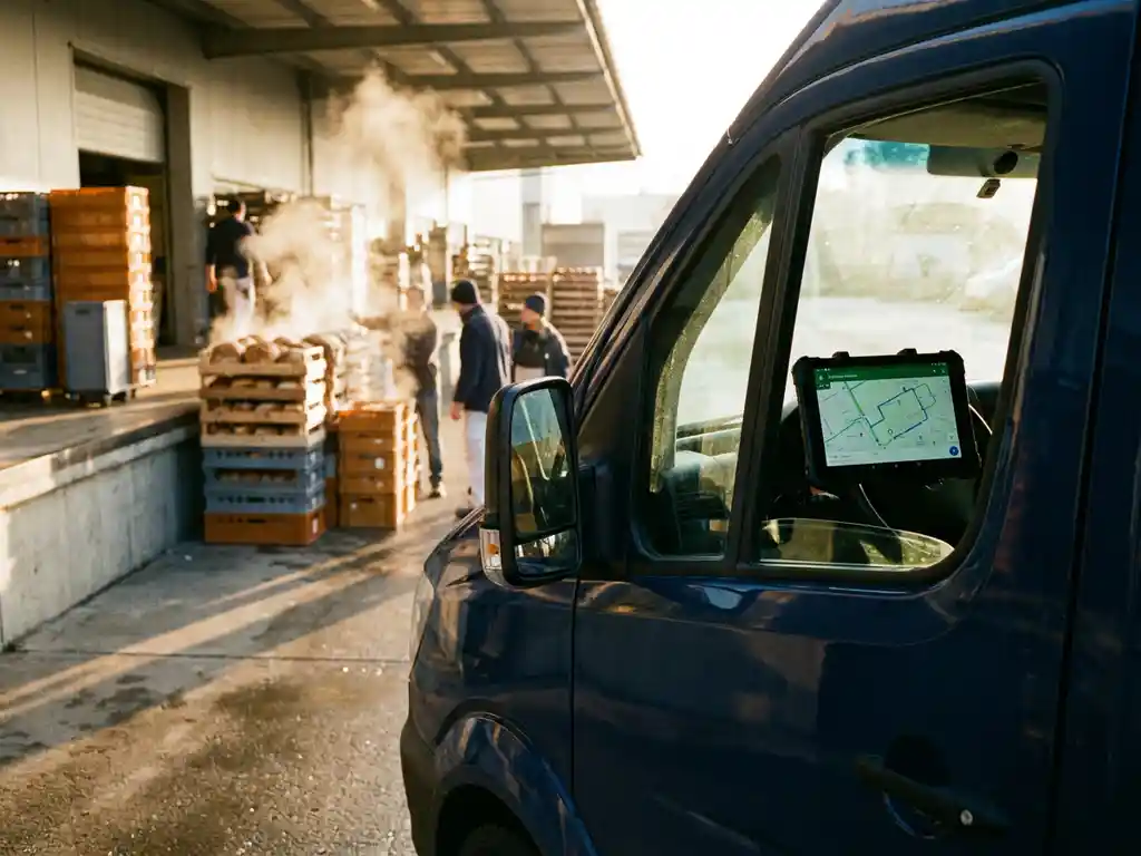 Lieferwagen an einer Bäckerei-Laderampe im Morgengrauen, mit robustem Tablet-Halter im Fahrerhaus und Brotkisten im goldenen Frühlicht.