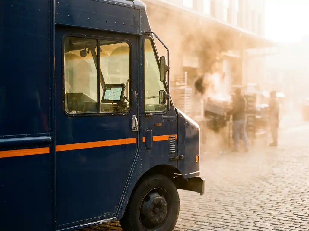 Lieferwagen an Bäckerei-Laderampe im Morgengrauen, Tablet mit Routenkarte im Armaturenbrett, goldenes Licht und Morgennebel auf Kopfsteinpflaster.