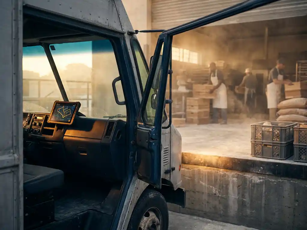 Lieferwagen an Bäckerei-Laderampe bei Sonnenaufgang, Tablet mit Routenkarte im Armaturenbrett, Mehlstaub und Holzkisten im Hintergrund.