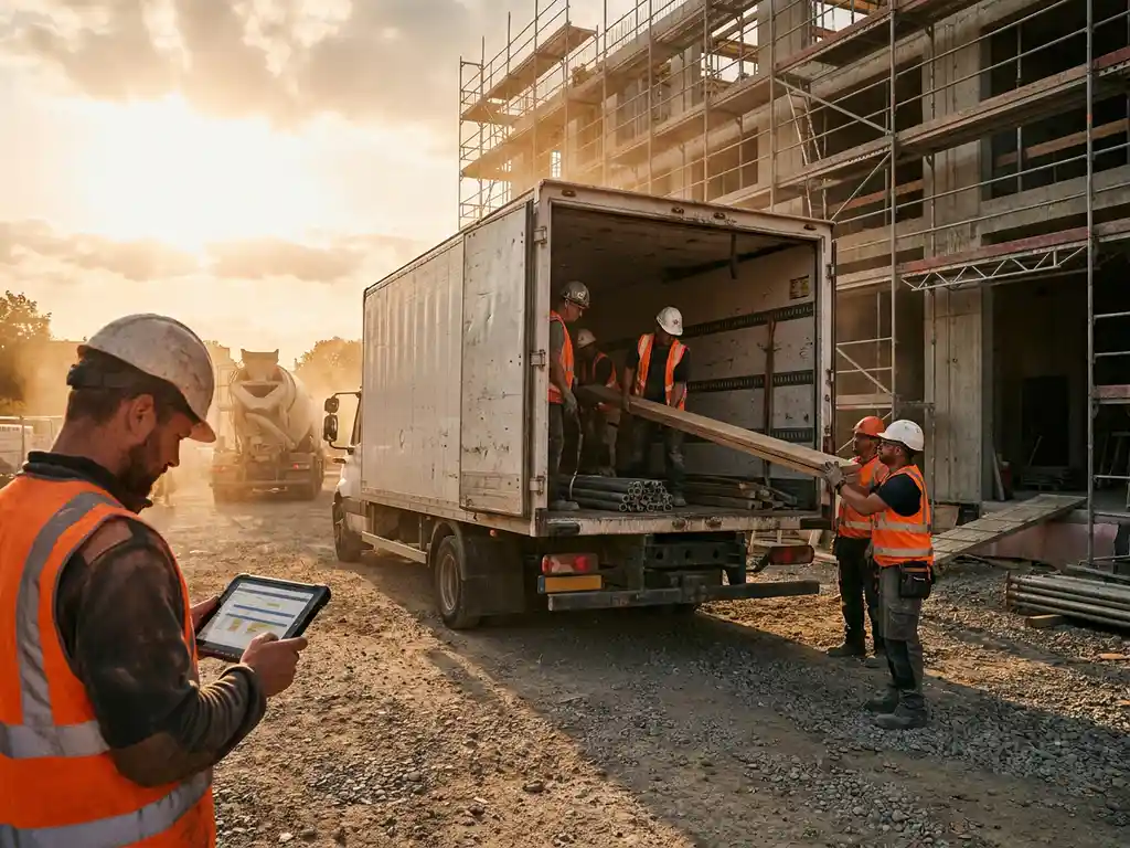 Lieferwagen mit geöffneten Türen auf Baustelle, Arbeiter entladen Materialien und prüfen Tablets, Betonmischer im Hintergrund