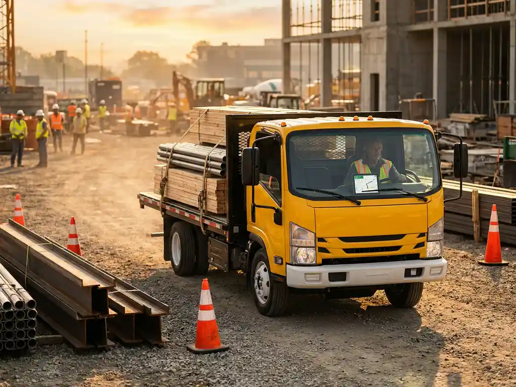 Gelber Lieferwagen mit Baumaterialien fährt durch Baustelle mit Sicherheitskegeln und Stahlträgern im Hintergrund