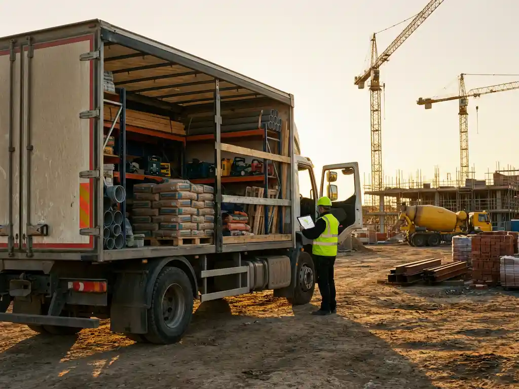 Lieferwagen mit geöffneten Türen auf Baustelle, Fahrer mit Tablet, Baukräne und Baumaterialien im Hintergrund