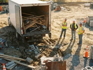 Lieferwagen mit offenen Türen und verschütteten Baumaterialien auf schlammiger Baustelle, frustrierte Bauarbeiter in Schutzhelmen