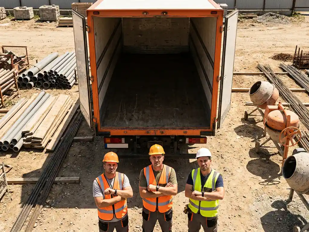 Lieferwagen mit geöffneten Türen und leerem Laderaum auf Baustelle, frustrierte Bauarbeiter schauen auf Uhren