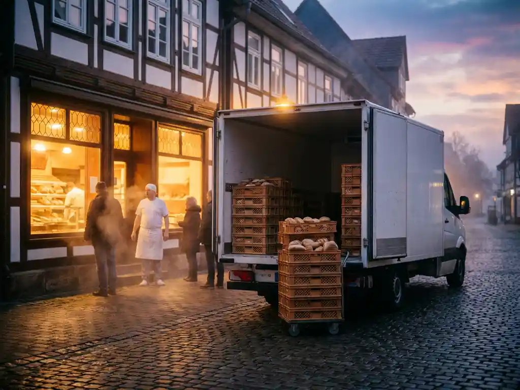 Weißer Lieferwagen mit geöffneten Türen und Brotkisten vor deutscher Bäckerei bei Morgendämmerung auf Kopfsteinpflaster