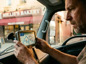 LKW-Fahrer studiert GPS-Navigationsgerät im Führerhaus mit detaillierter Routenkarte und mehreren Lieferstopps