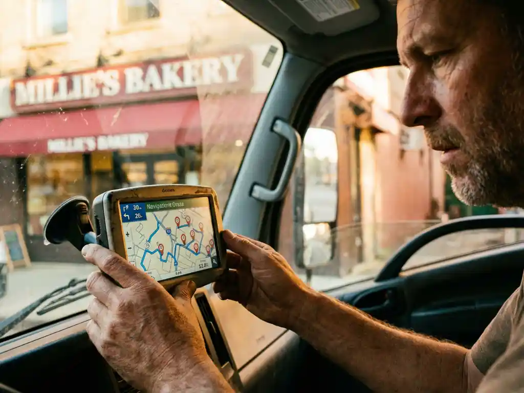 LKW-Fahrer studiert GPS-Navigationsgerät im Führerhaus mit detaillierter Routenkarte und mehreren Lieferstopps