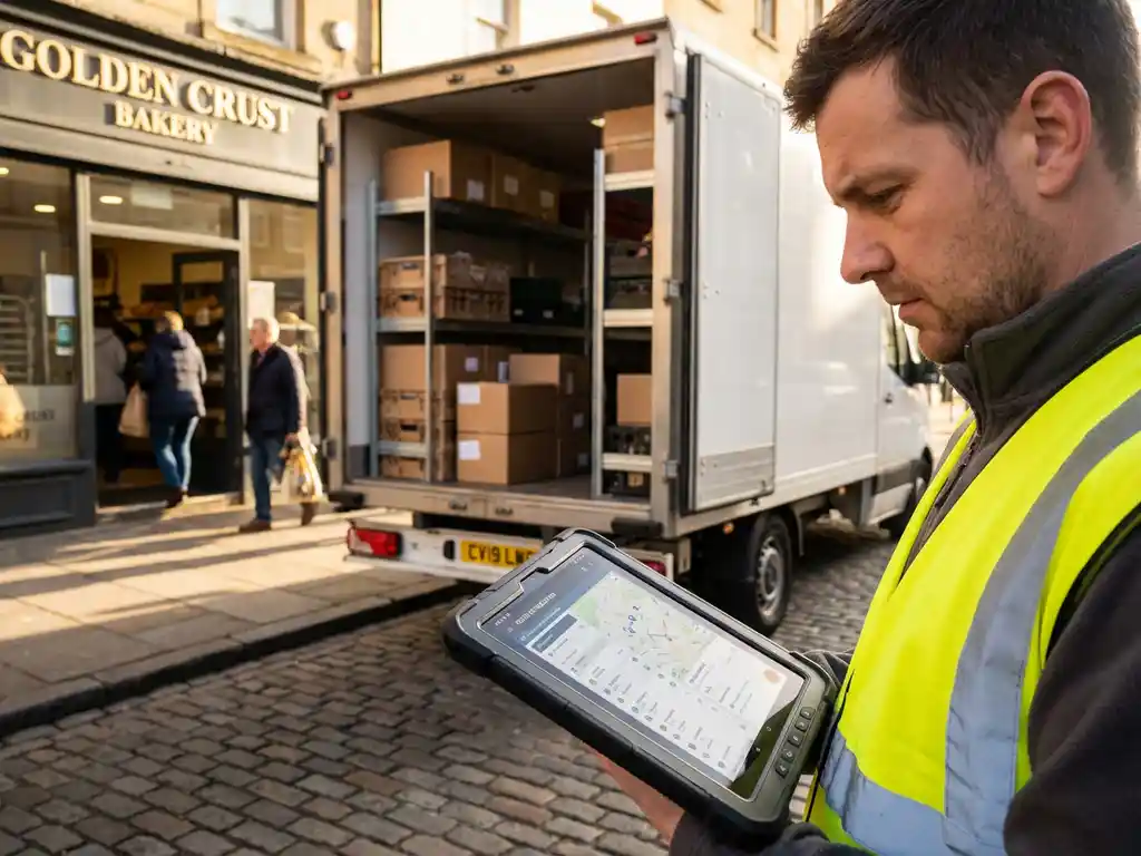 Lieferwagenfahrer in Warnweste nutzt Tablet mit Routenoptimierung neben weißem Lieferwagen vor Bäckerei