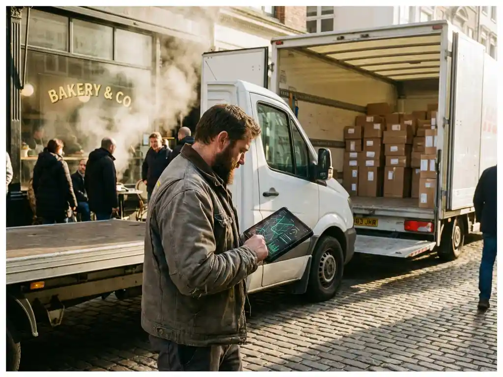 Lieferfahrer überprüft Routenoptimierung auf Tablet neben weißem Lieferwagen vor Bäckerei bei Morgenlicht
