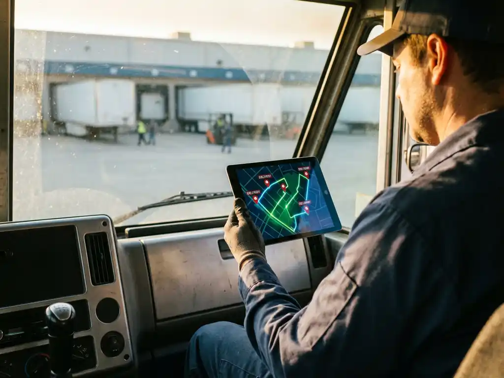 LKW-Fahrer studiert Routenoptimierung auf Tablet im Führerhaus, Verteilerzentrum mit Laderampen im Hintergrund