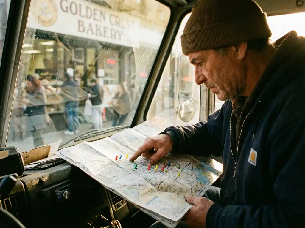 Lieferwagenfahrer studiert Routenkarte mit bunten Markierungen am Armaturenbrett vor Bäckerei im Morgenlicht
