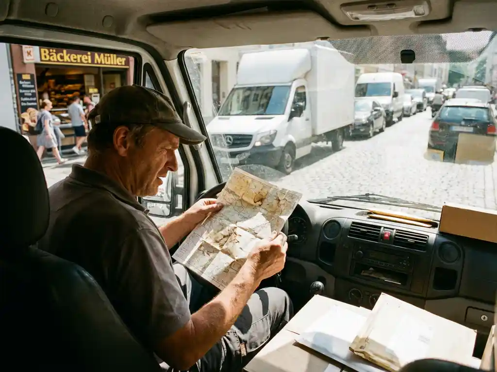 Frustrierter Lieferwagenfahrer studiert zerknitterte Karte im weißen LKW, Pakete auf Beifahrersitz, Stau vor Bäckerei