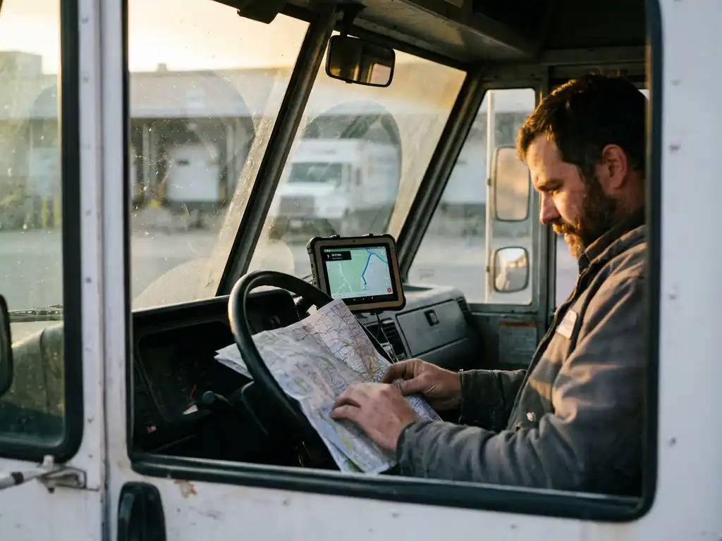 Lkw-Fahrer prüft Papier-Routenkarte am Steuer, digitale Navigationskarte auf Tablet, Bäckerei-Laderampe im Morgenlicht.