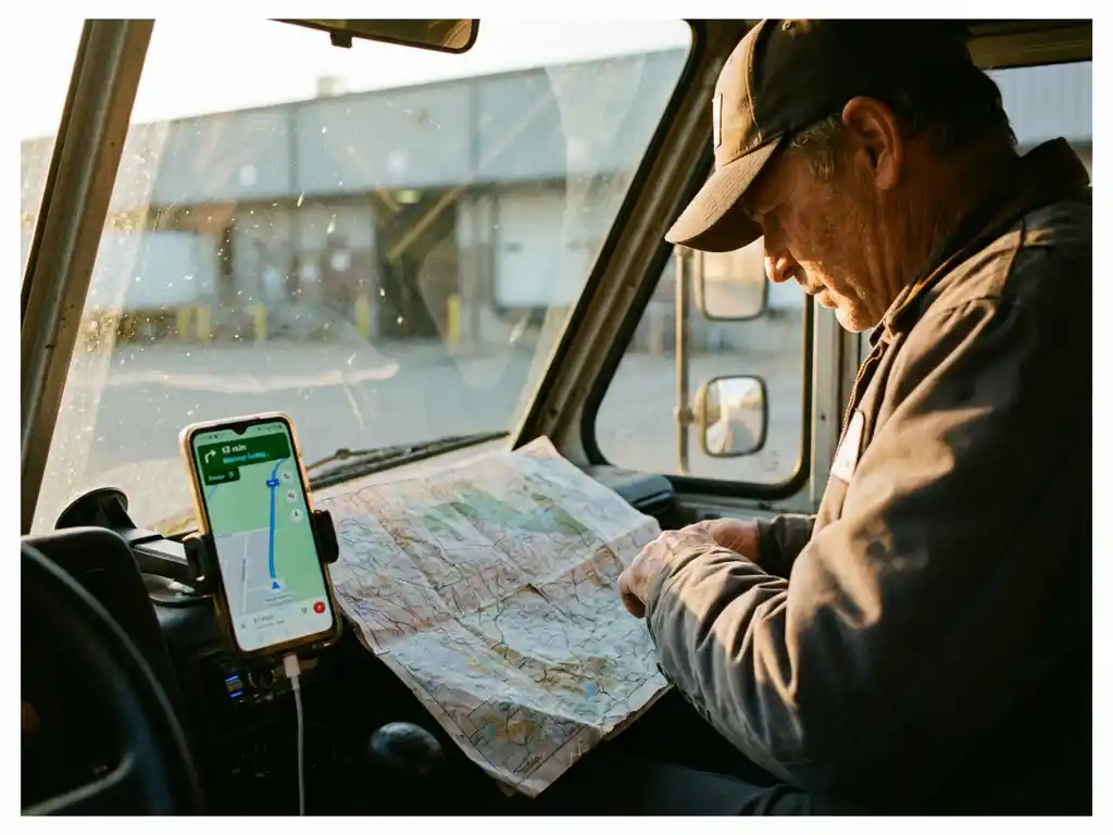 Lieferwagenfahrer studiert Papierkarte am Armaturenbrett neben Smartphone mit GPS-Navigation im Fahrerhaus