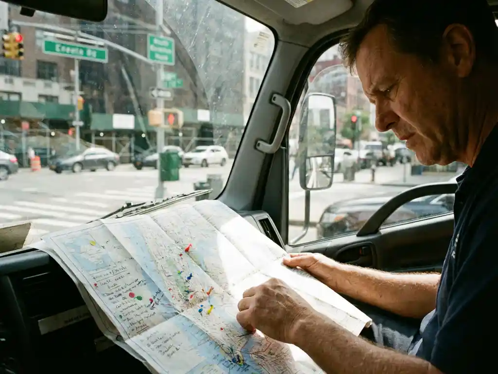 Lieferfahrer studiert Routenkarte am Armaturenbrett eines geparkten Lastwagens an belebter Kreuzung mit Verkehrsschildern