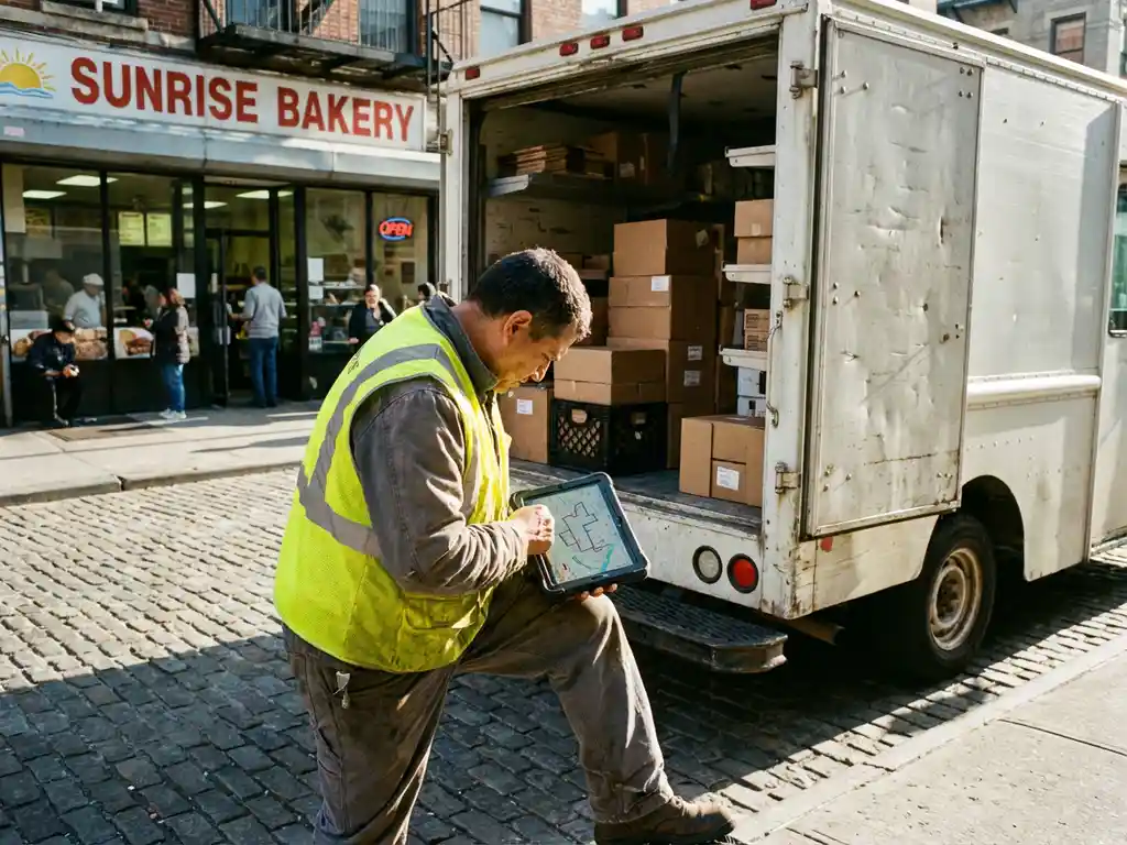 Lieferwagen-Fahrer in Warnweste studiert Routenoptimierung auf Tablet neben weißem Lieferwagen mit geöffneten Türen