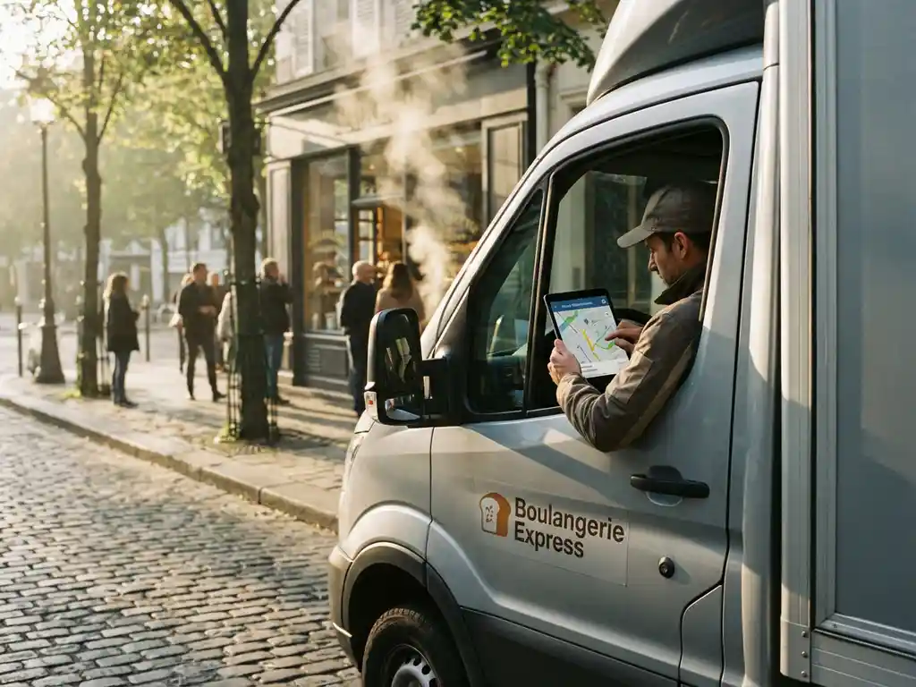 Lieferwagenfahrer mit digitalem Tablet für Routenoptimierung vor Bäckerei im goldenen Morgenlicht