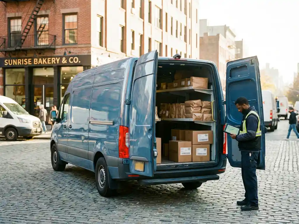Lieferfahrer mit Tablet neben geöffnetem Lieferwagen vor Bäckerei, organisierte Pakete im Laderaum sichtbar