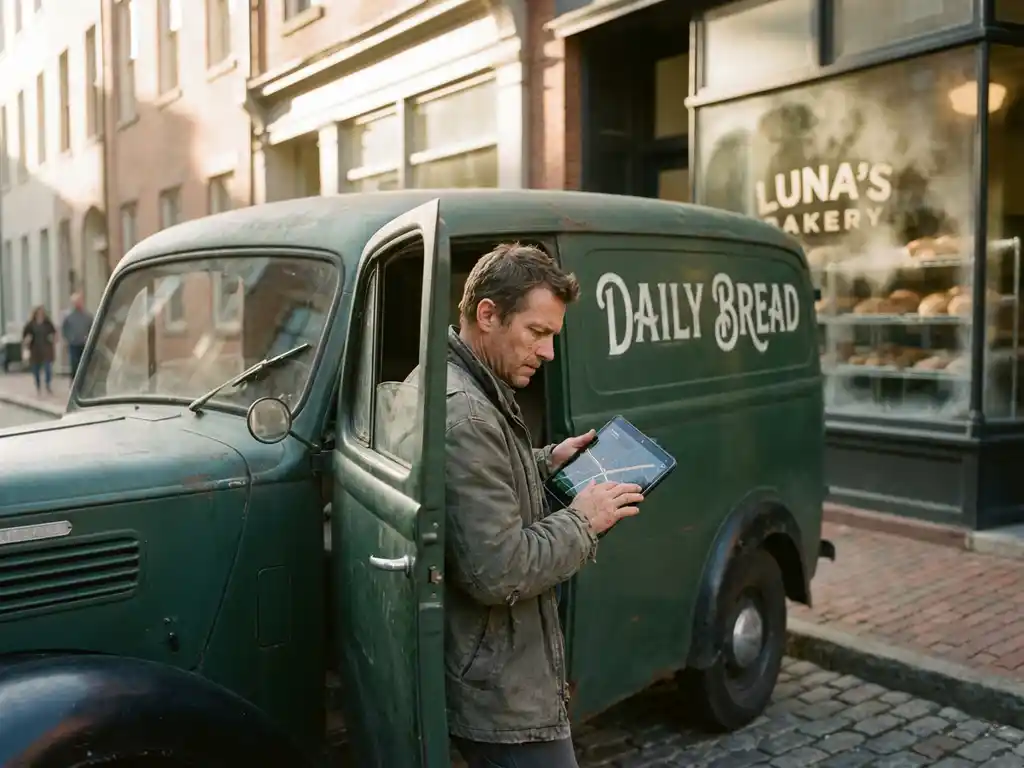 Lieferwagenfahrer prüft Routenoptimierungs-App auf Tablet vor gemütlicher Bäckerei in Kopfsteinpflasterstraße