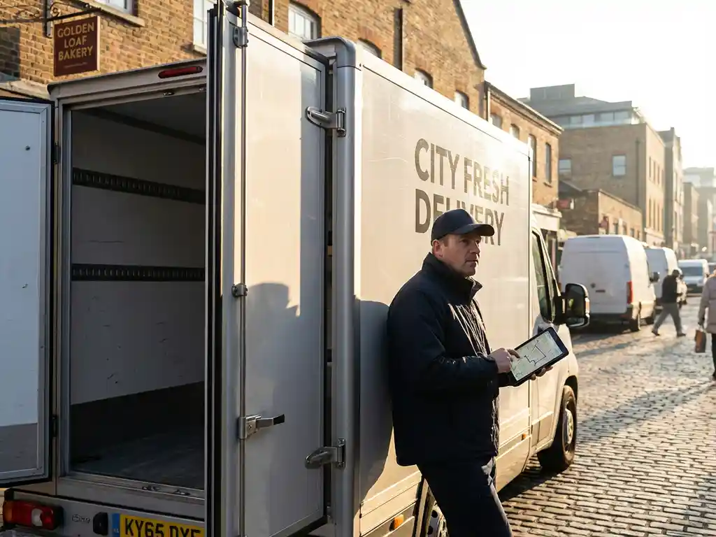 Lieferwagen mit geöffneten Türen vor Bäckerei, Fahrer nutzt Tablet für Routenoptimierung im morgendlichen Sonnenlicht