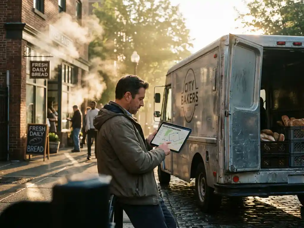 Lieferfahrer mit Tablet vor geöffnetem Lieferwagen vor Bäckerei, warmes Morgenlicht auf Kopfsteinpflasterstraße