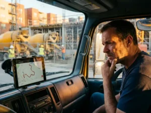 Lieferwagenfahrer überprüft verwirrt Tablet mit Umleitungsroute am Armaturenbrett, Baustelle mit Betonmischern im Hintergrund