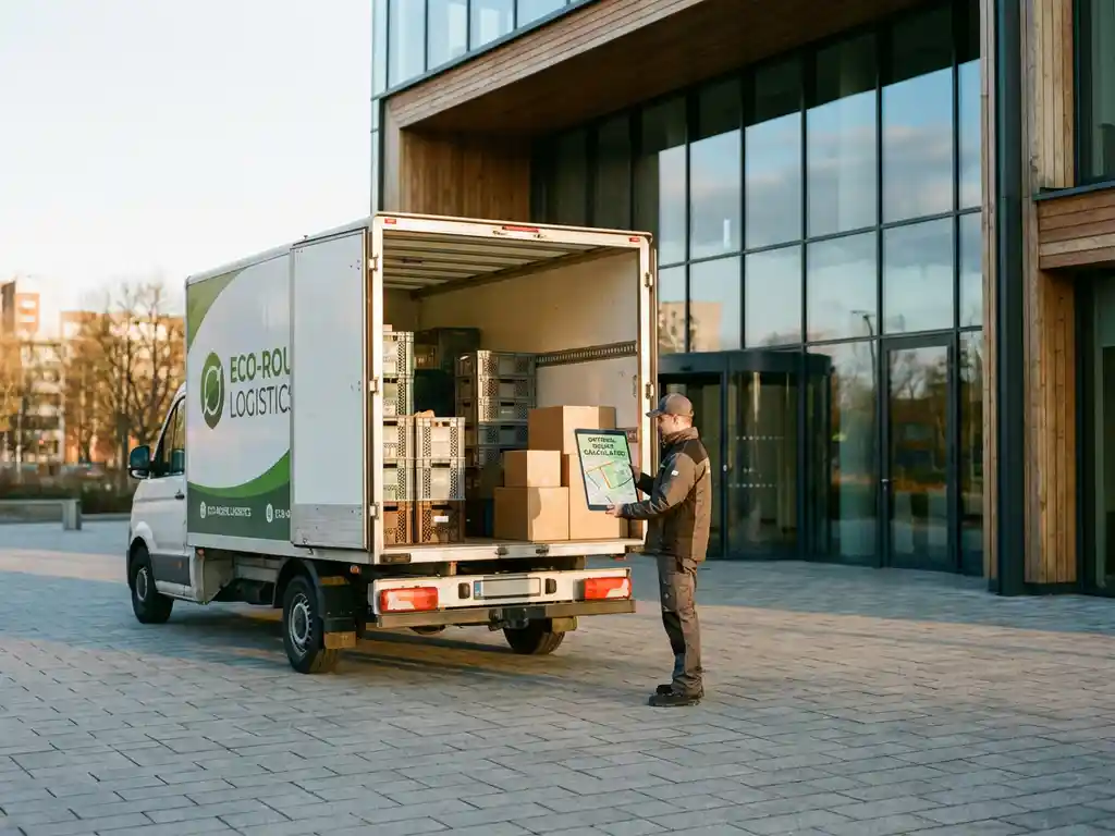 Lieferwagen mit offenen Türen vor Bürogebäude, Fahrer mit Tablet für Routenoptimierung, organisierte Pakete sichtbar