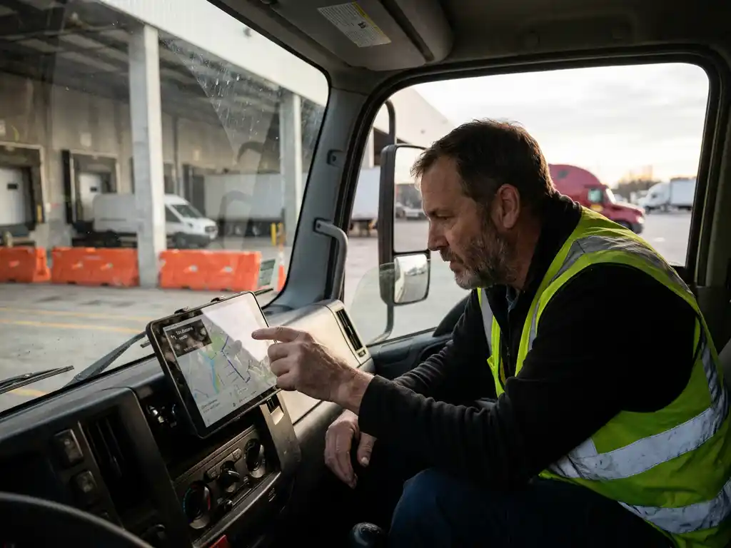 LKW-Fahrer studiert Tablet am Armaturenbrett während Pause am Verteilzentrum mit Laderampen im Hintergrund