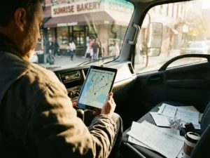 LKW-Fahrer im Führerhaus mit Tablet für Routenoptimierung, umgeben von zerknitterten Excel-Tabellen und Lieferplänen