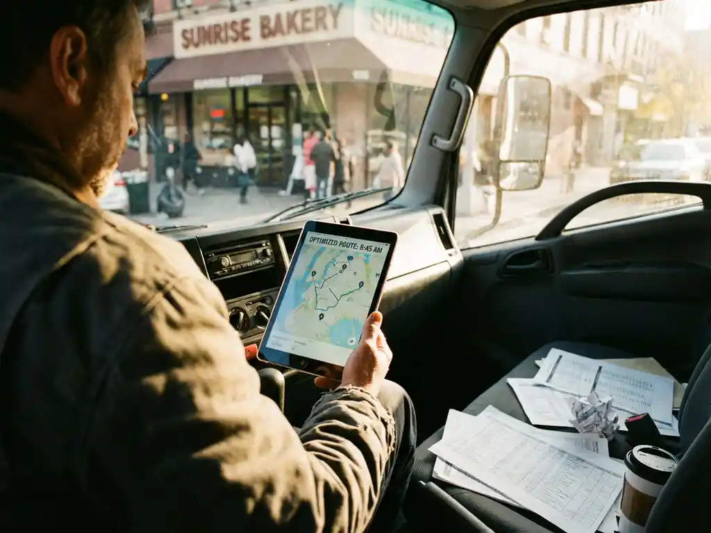 LKW-Fahrer im Führerhaus mit Tablet für Routenoptimierung, umgeben von zerknitterten Excel-Tabellen und Lieferplänen