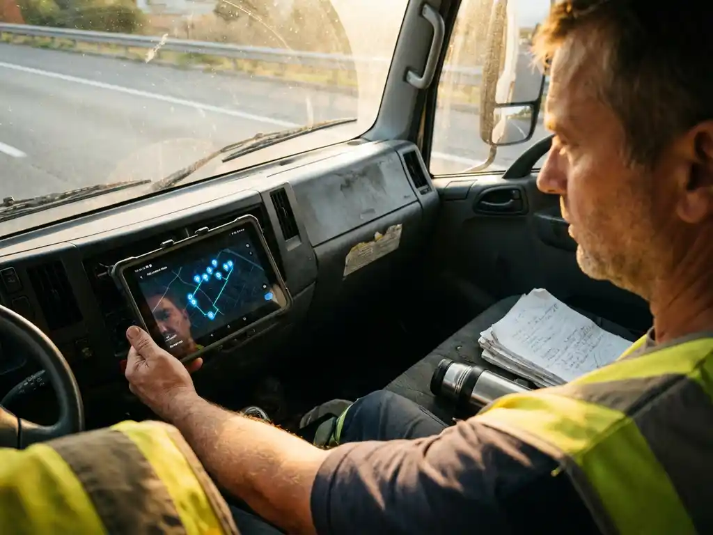 Lieferwagenfahrer überprüft digitale Routenkarte auf Tablet im Fahrerhaus mit Papiermanifesten auf dem Beifahrersitz