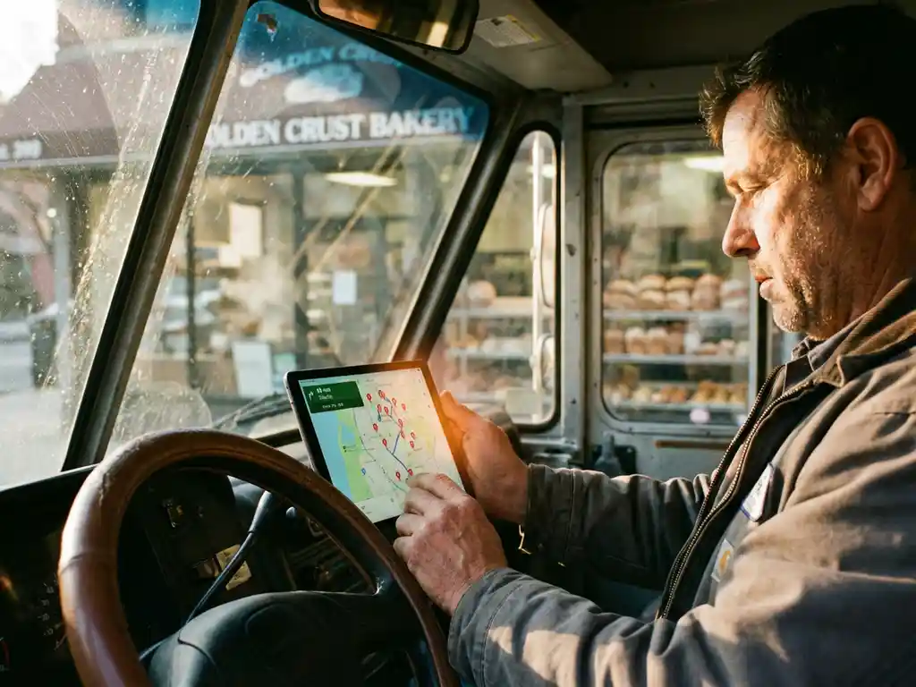 Lieferwagenfahrer nutzt Tablet mit Routenoptimierung vor Bäckerei, Kartenansicht mit Lieferpunkten sichtbar