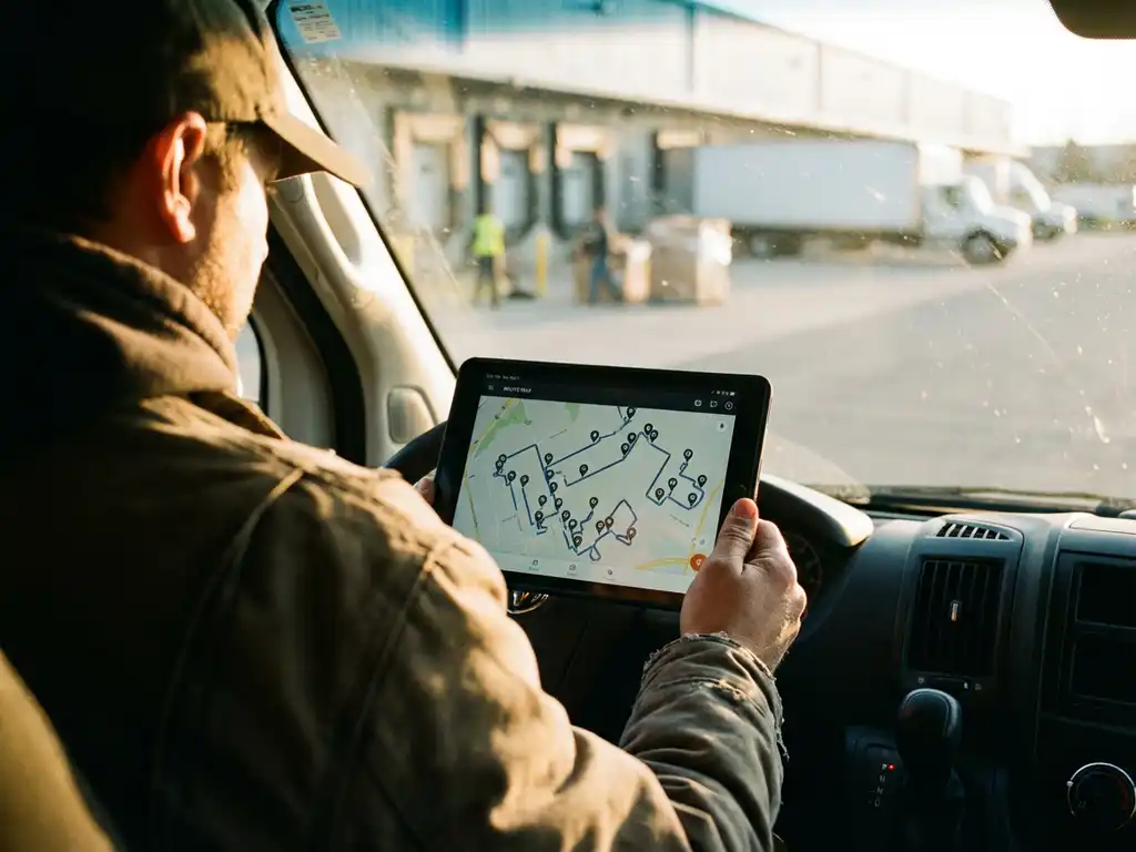 Lkw-Fahrer studiert digitale Routenkarte auf Tablet mit Lieferstandorten im Führerhaus am Verteilzentrum