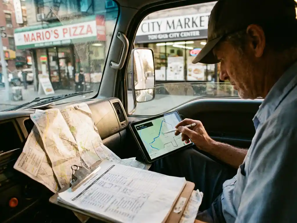Lieferwagenfahrer nutzt Tablet für Routenplanung neben Papierkarten im Führerhaus, Stadtstraße mit Restaurants sichtbar