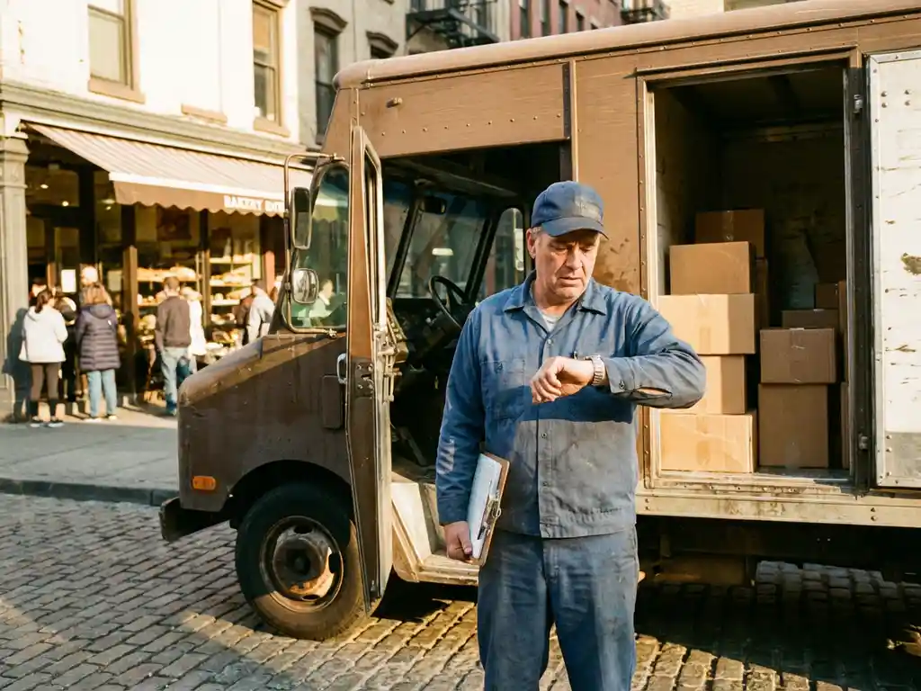 Lieferfahrer prüft Armbanduhr neben geöffnetem Lieferwagen mit Paketen, hält Klemmbrett vor Bäckerei im Morgenlicht