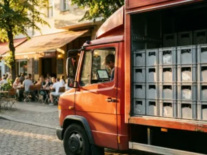 Roter Lieferwagen mit Getränkekisten vor Restaurant, Fahrer nutzt Tablet für Routenoptimierung im warmen Nachmittagslicht