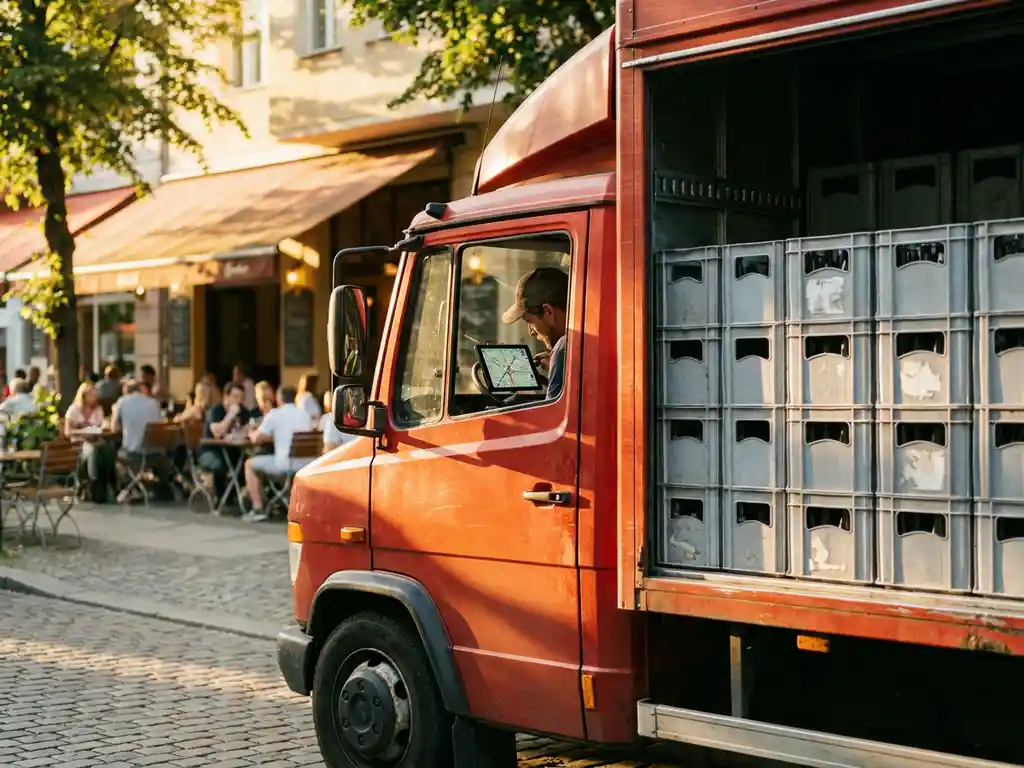 Roter Lieferwagen mit Getränkekisten vor Restaurant, Fahrer nutzt Tablet für Routenoptimierung im warmen Nachmittagslicht