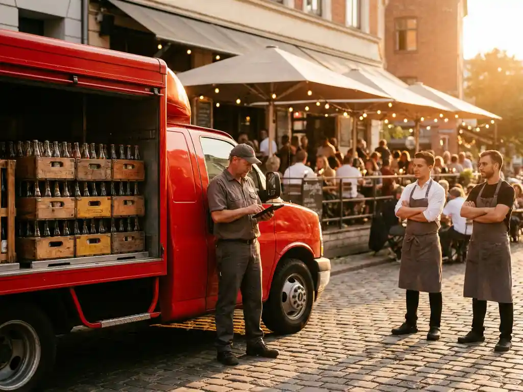 Roter Lieferwagen mit Getränkekisten entlädt auf Restaurant-Terrasse, Fahrer mit Tablet, Sommersonne wirft Schatten auf Kopfsteinpflaster