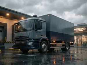 Schwerer Lieferwagen an regennasser Laderampe in der Stadt, GPS-Antenne auf dem Dach, bewölkter Himmel, Bäckerei im Hintergrund.