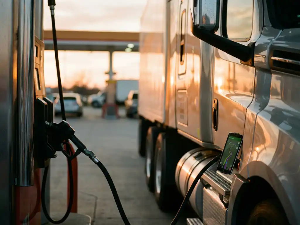Lieferwagen an Tankstelle mit GPS-Gerät auf Armaturenbrett, das optimierte Route anzeigt, bei warmem Sonnenlicht