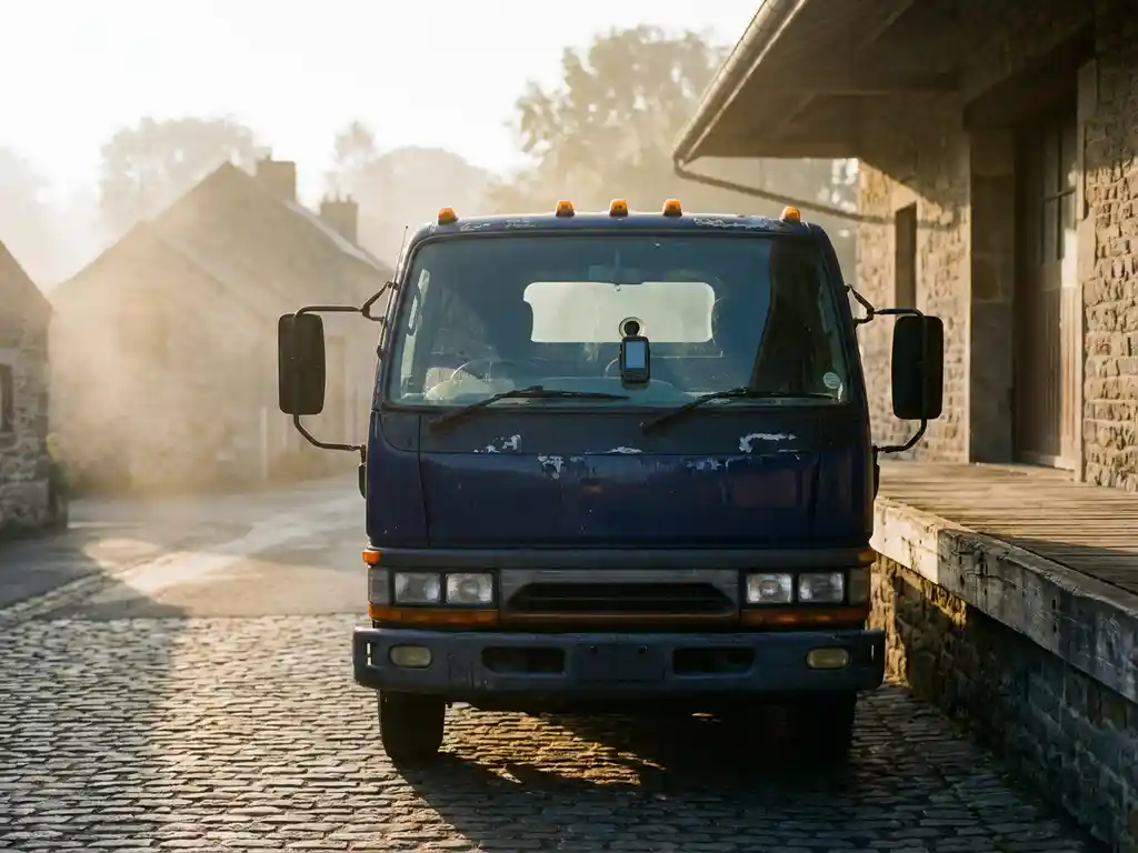 Lieferwagen mit GPS-Telematikgerät an der Windschutzscheibe vor einer rustikalen Bäckerei im Morgenlicht.