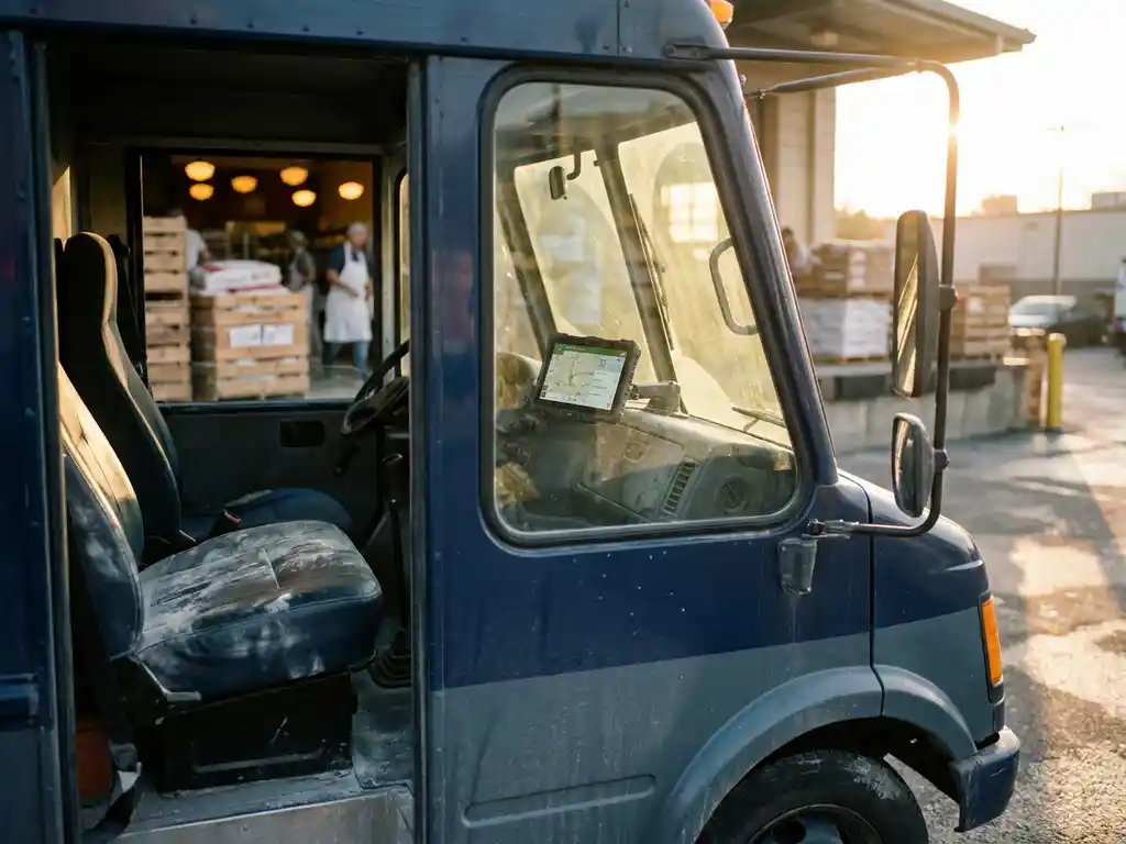 Lieferwagen an einer Bäckerei-Laderampe bei Morgendämmerung mit GPS-Telematik-Tablet im Armaturenbrett, mehlbestäubte Holzkisten daneben.