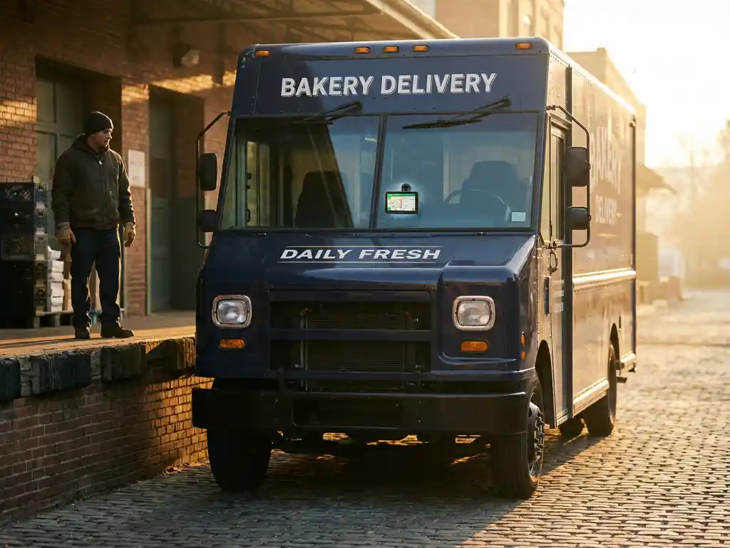 Lieferwagen mit GPS-Tracker auf dem Armaturenbrett an einer Bäckerei-Laderampe bei Sonnenaufgang, Arbeiter im Hintergrund.