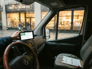 Lieferfahrer überprüft GPS-Gerät im Truck vor Bäckerei, Kostenrechner auf Beifahrersitz sichtbar