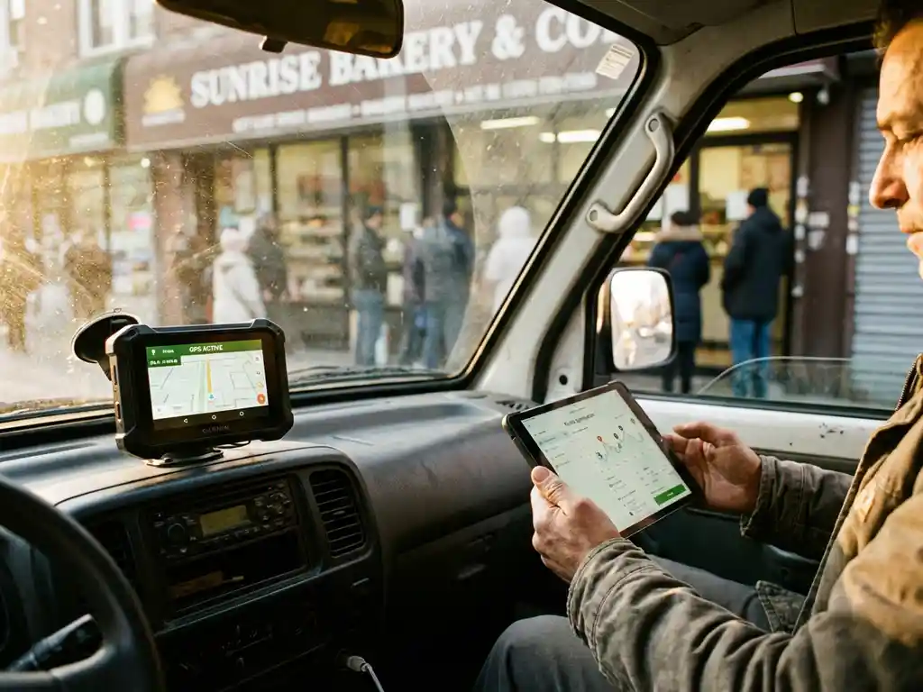 Lieferfahrer nutzt GPS-Gerät und Tablet für Routenoptimierung vor belebter Bäckerei, Morgenlicht scheint durch Windschutzscheibe