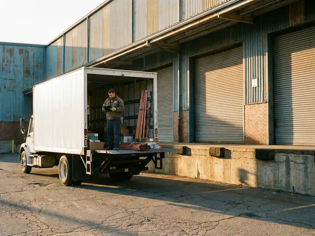 Weißer Lieferwagen mit Hubladebühne vor Sanitär-Großhandel, Fahrer mit Tablet beim Verladen von Kupferrohren