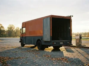 Großer Lieferwagen mit offenen Hecktüren und leerem Laderaum an ländlicher Tankstelle, Herbstblätter auf Asphalt