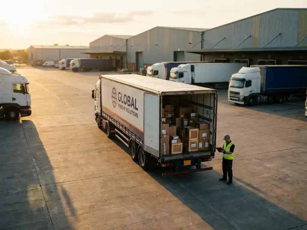 Lieferwagen mit geöffneten Türen und Paketen in Logistikzentrum, Fahrer mit Tablet plant Route bei goldenem Licht